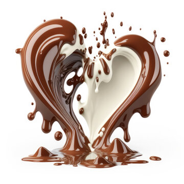Splash Chocolate and Milk Chocolate Heart Isolated - Post-processed Generative AI
