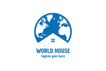 World Globe Map with House Roof Logo Design