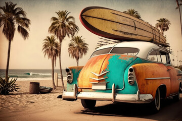 Pastel surfboards on tropical beach. Retro tone color style. Travel vacation concept. Generative AI - obrazy, fototapety, plakaty