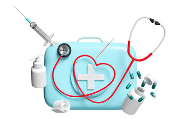 3d blue first aid kit close icon isolated. 3d render illustration