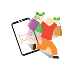 Image of online shopping on the phone with a man holding money.