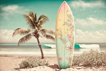 Pastel surfboards on tropical beach. Retro tone color style. Travel vacation concept. Generative AI