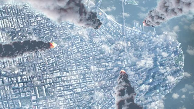 Asteroids or meteors falling over New York Manhattan,top down 

Cinematic view of New york city in danger with falling meteors or rocket attack, 2023  
