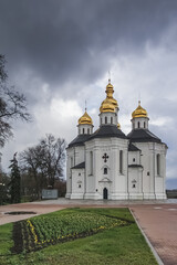 Fototapeta na wymiar View from the city park of the city of Chernihiv to an Orthodox church with golden domes, in cloudy spring weather