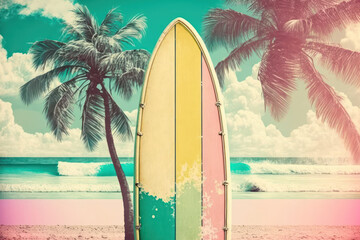 Pastel surfboards on tropical beach. Retro tone color style. Travel vacation concept. Generative AI