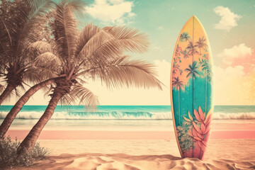 Pastel surfboards on tropical beach. Retro tone color style. Travel vacation concept. Generative AI - obrazy, fototapety, plakaty