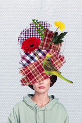 Magazine template collage of weird woman having checkered patterns spring flowers parrots on creative picture background