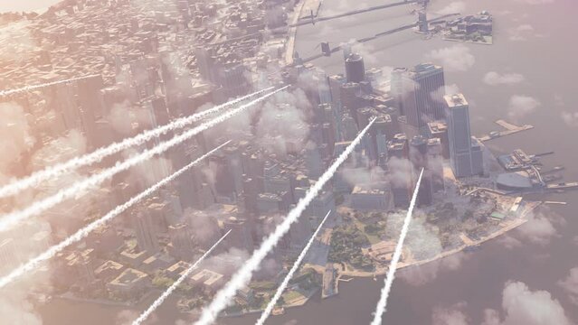 intercontinental missiles or over New York Manhattan,Aerial

Cinematic view of New york city in danger with falling meteors or rocket attack, 2023  


