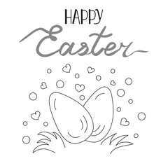 Happy easter card with eggs, hearts, gress and lettering. Black and white Vecrot illustration.