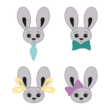 Bunny head boys and girls character. Vector illustration. Rabbits with bows, tie, bow tie, ribbons.