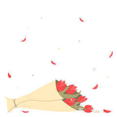 spoiled bouquet of flowers, in a package, flat style, contours, pastel colors, scattered petals, leaves