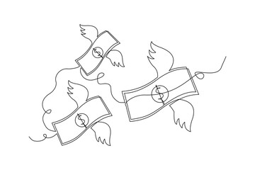 Continuous single one line drawing art of money paper flying with wings. Vector illustration of loss dollar banknote money.