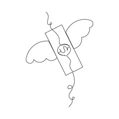 Continuous single one line drawing art of money paper flying with wings. Vector illustration of loss dollar banknote money.