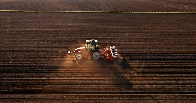 Farmer in tractor seeding soybeans at an industrial farm