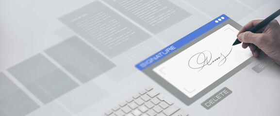 Businessman handwritten electronic signature, virtual display. Sign contract and business agreement.