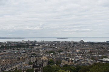 Fototapeta na wymiar Aerial view of Edinburgh city centre with buildings and landmarks. 