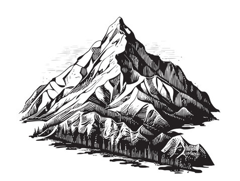 Mountains hand drawn sketch illustration Beautiful nature