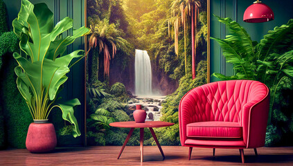 Obraz premium Background of a contemporary living room, red furniture, a red armchair, table set against a background of jungle trees and palms in a waterfall painting style. Created with generative Ai Technology