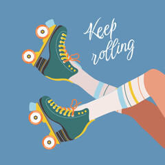 Girl's legs wearing retro roller skates and socks. Vector illustration of a roller skating woman and 