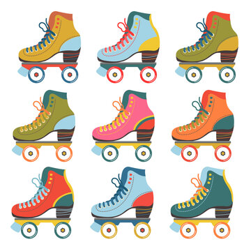 Vector set with colored roller skates. Vintage poster with roller skates.Bright stylish illustration.