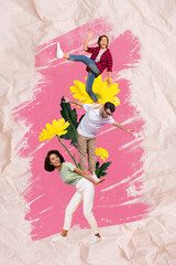Collage photo of funny excited people gymnastics down lady hold look up nervous student guy bring...