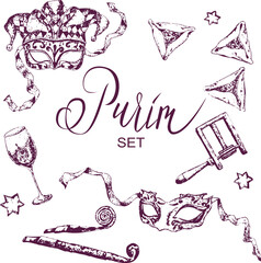 Obraz premium Handwritten lettering and hand-drawn symbols for Purim holiday. Festive set for design projects, posters, greeting cards.