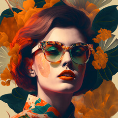 Fototapeta premium generative ai illustration portrait of a woman with sunglasses, collage 70s style, summer vibes