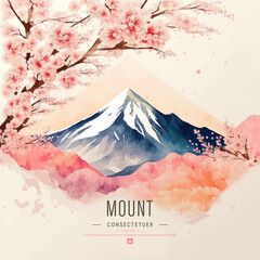 Vector watercolor banner of сherry blossom on the background of the Japanese mountain and river.