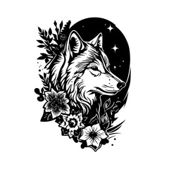 wolf with flowers, Wolf head, Wolf Flower Tattoo