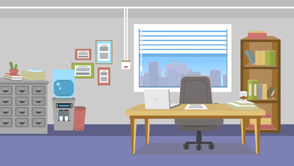 Illustration of office interior with furniture with mess around the workplace. Bright background in cartoon style for your design project