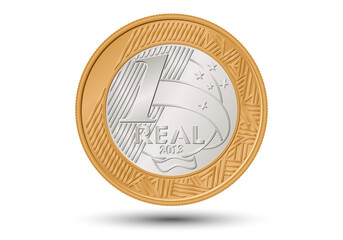 One real Brazilian coin money. Reverse on white background.