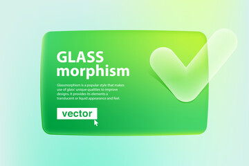 Green card screen in Glassmorphism style with transparent checkmark icon. 3D tick logo. - obrazy, fototapety, plakaty