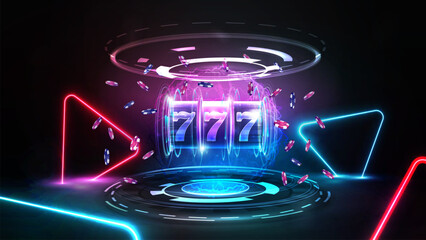 Neon Casino slot machine with jackpot, poker chips and hologram of digital rings in dark scene with pink and blue neon triangles
