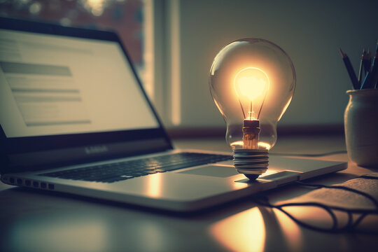 Laptop and glowing light bulb. Self learning or education knowledge and business studying concept. Idea of learning online or e-learning from home.