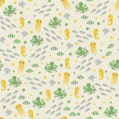 Vector seamless pattern with clownfish,seahorse,jellyfish,octopus,scalaria fish.Underwater cartoon creatures.Marine background.Cute ocean pattern for fabric,childrens clothing,textiles,wrapping paper