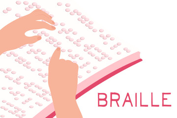 Illustration of a book written in braille, hands read text in an unfolded book