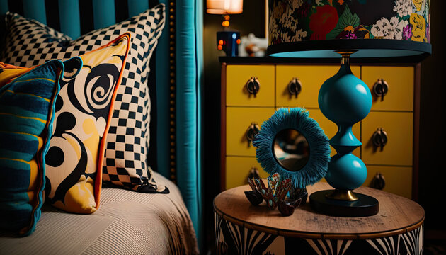 3d render of an eclectic bedroom with a mix of vintage and modern furniture