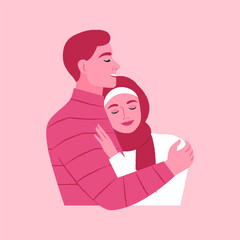 Happy muslim couple hugging. Love, support and trust concept. Flat vector illustration.