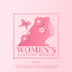 Women's history month background with a pink cutting paper woman and flowers