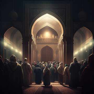 Flat illustration of tarawih at mosque. Created by Generative AI technology