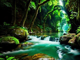 A river flowing through a dense jungle. 