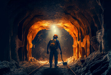 Underground mining. Coal mining in mine. Miner in underground mine on coal mining work. Mine workers on Underground hard-rock mining. AI Generative. Hard rock mine equipment and advanced technologies - obrazy, fototapety, plakaty
