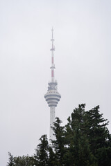 Naklejka premium TV television tower tall landmark building in Baku during a cloudy day in Azerbaijan