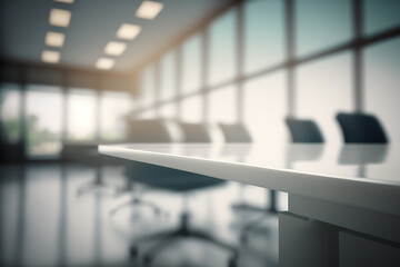 Table blanche design sur un fond flou de salle de réunion d'entreprise,  mockup (AI)