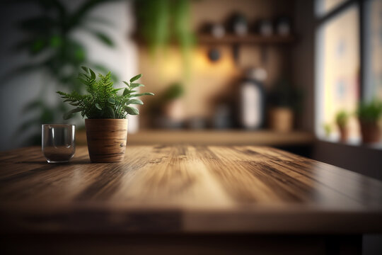 Table en bois sur un fond flou de pièce de maison abstraite, intérieur, mockup (AI)