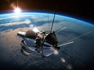 Voskhod 2 spacecraft at the Earth orbit. 3D Illustration.