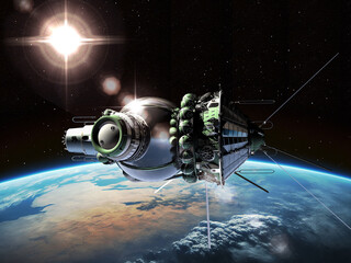 Obraz na płótnie Canvas Voskhod 2 spacecraft at the Earth orbit. 3D Illustration.