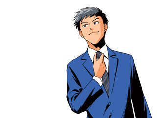 ケメンビジネスマン：ネクタイを直す男性 ブルー単色バージョン	
