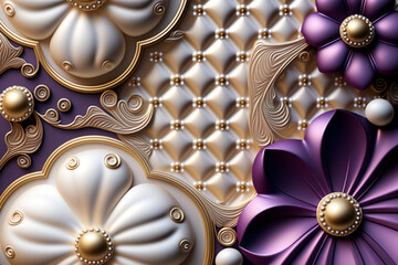 abstract purple, golden and white background with flowers and pearls. Generative AI