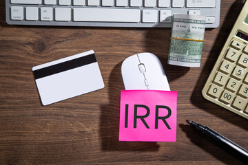 IRR-Internal Rate of Return on sticky note. Business concept